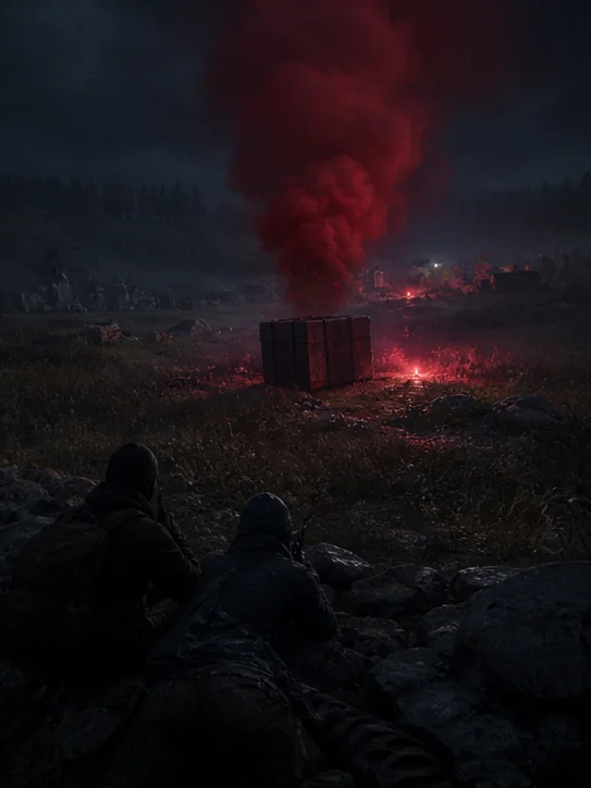 Two survivors watching a red-smoke airdrop from cover at night