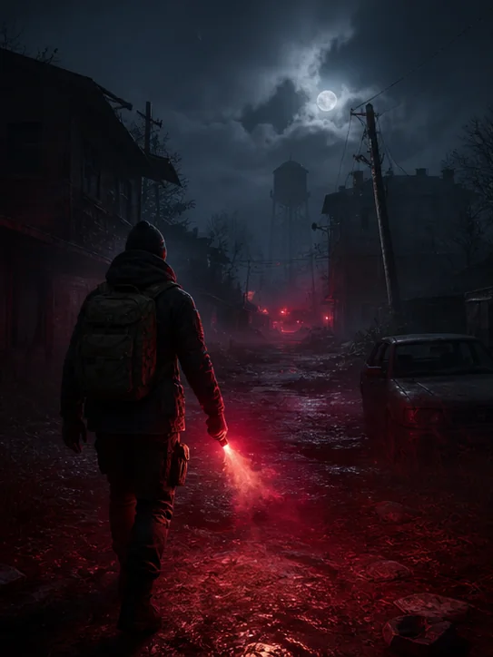 A survivor carrying a red flare through an abandoned street at night