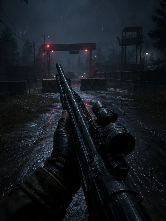 A survivor handling a weapon at a rain-soaked quarantine checkpoint
